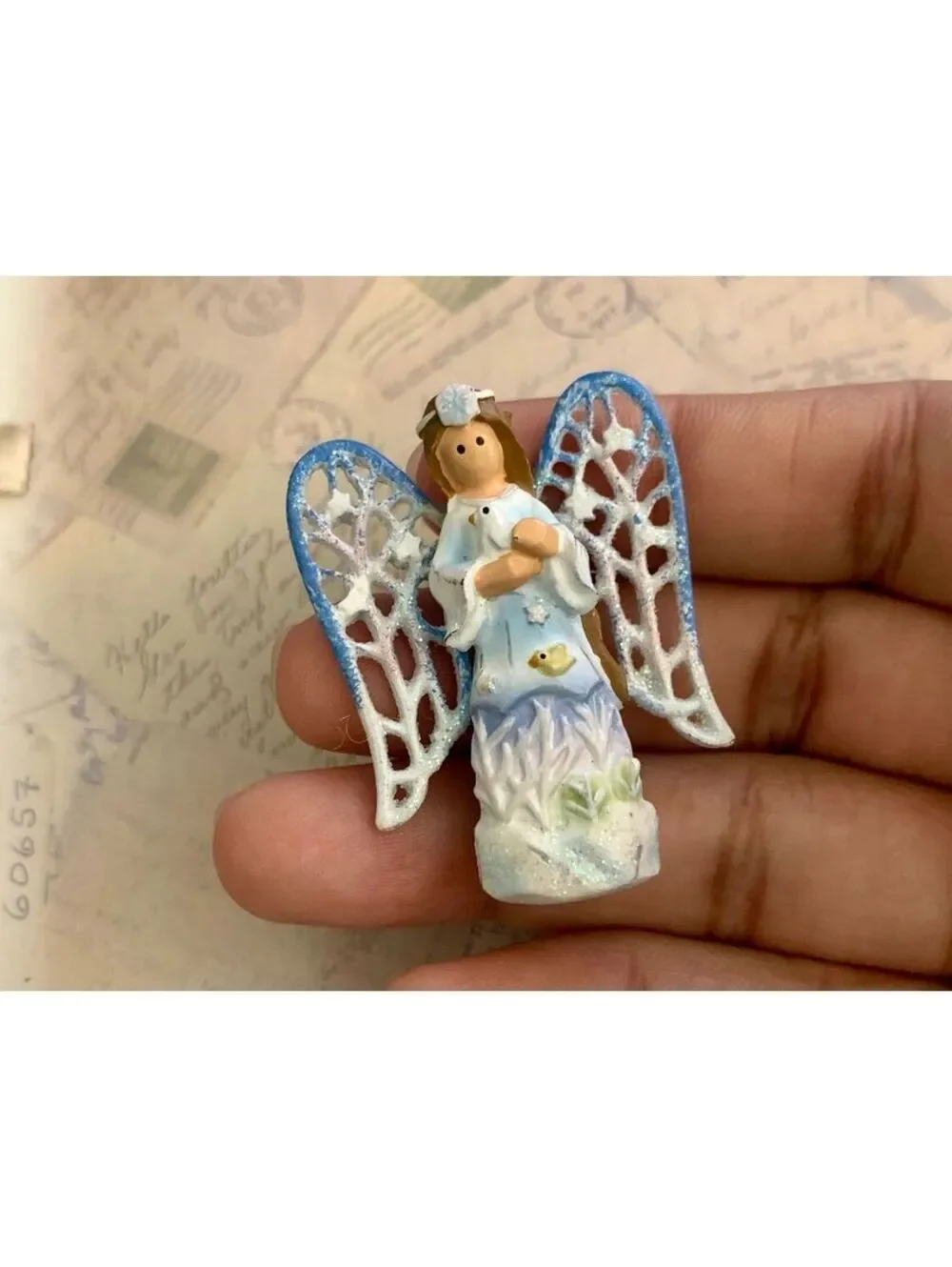 Vintage Whimsical Angel Brooch with Delicate Blue and White Wings